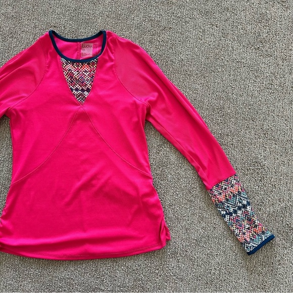 Lucky in Love Pink Ink Print Long Sleeve Pull Over Top Small - Picture 3 of 9